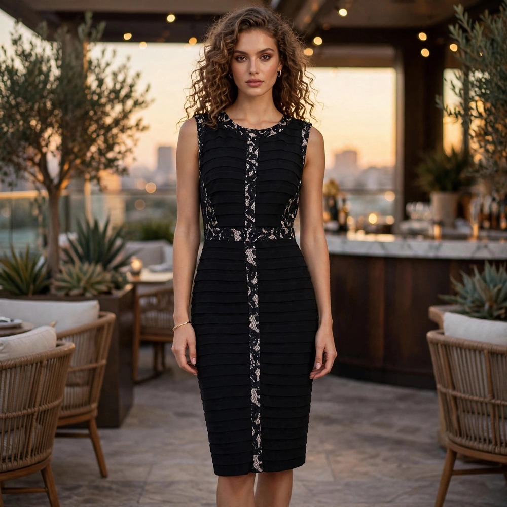 Adrianna‎ Papell Black Sheath Midi Dress with Silver Embellishments
